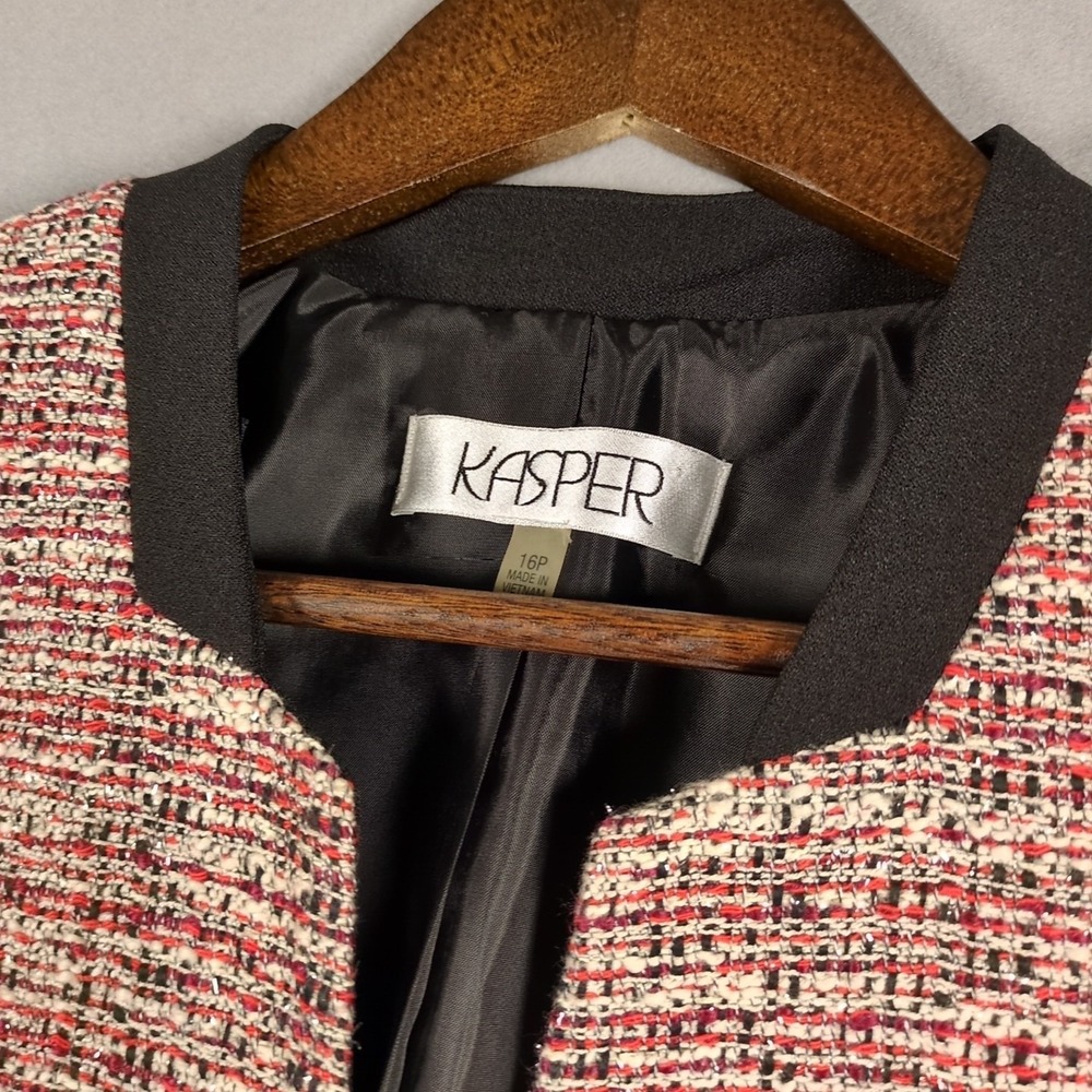 Kasper Womens SZ 16 PETITE Pink White Black Tweed One Button Blazer Jacket - Picture 2 of 6